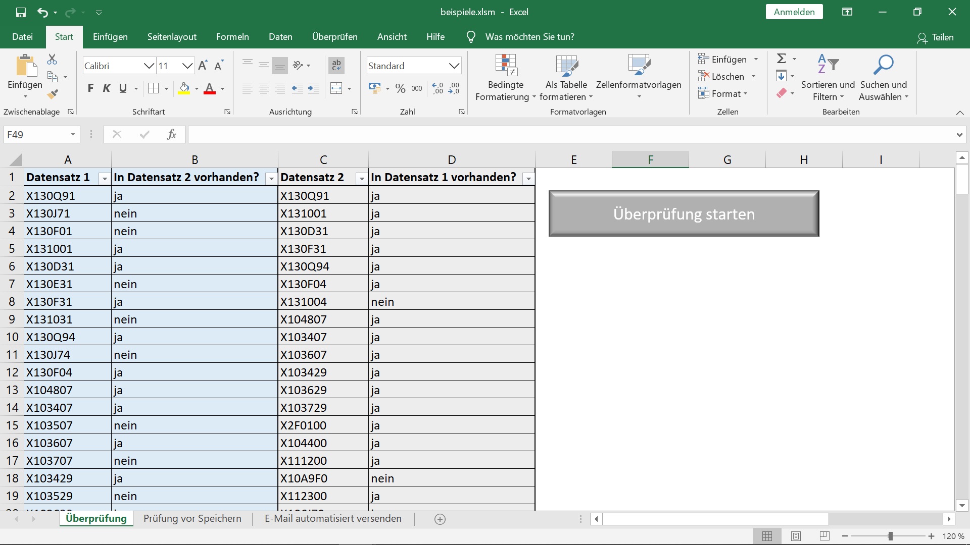 Automatisierter Excel Datensatzvergleich zwischen zwei Datensätzen