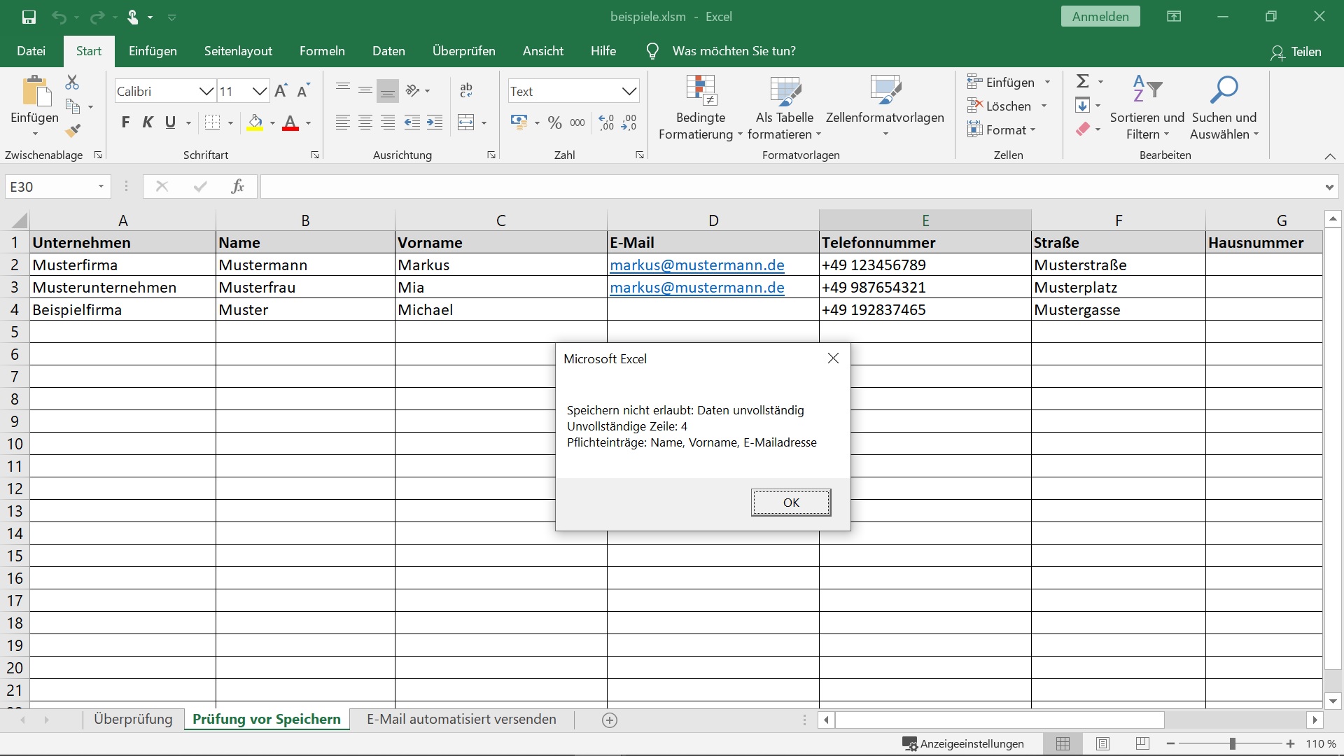 Verhindern des Speicherns oder Schließen einer Excel Datei, bis alle benötigten Felder ausgefüllt sind